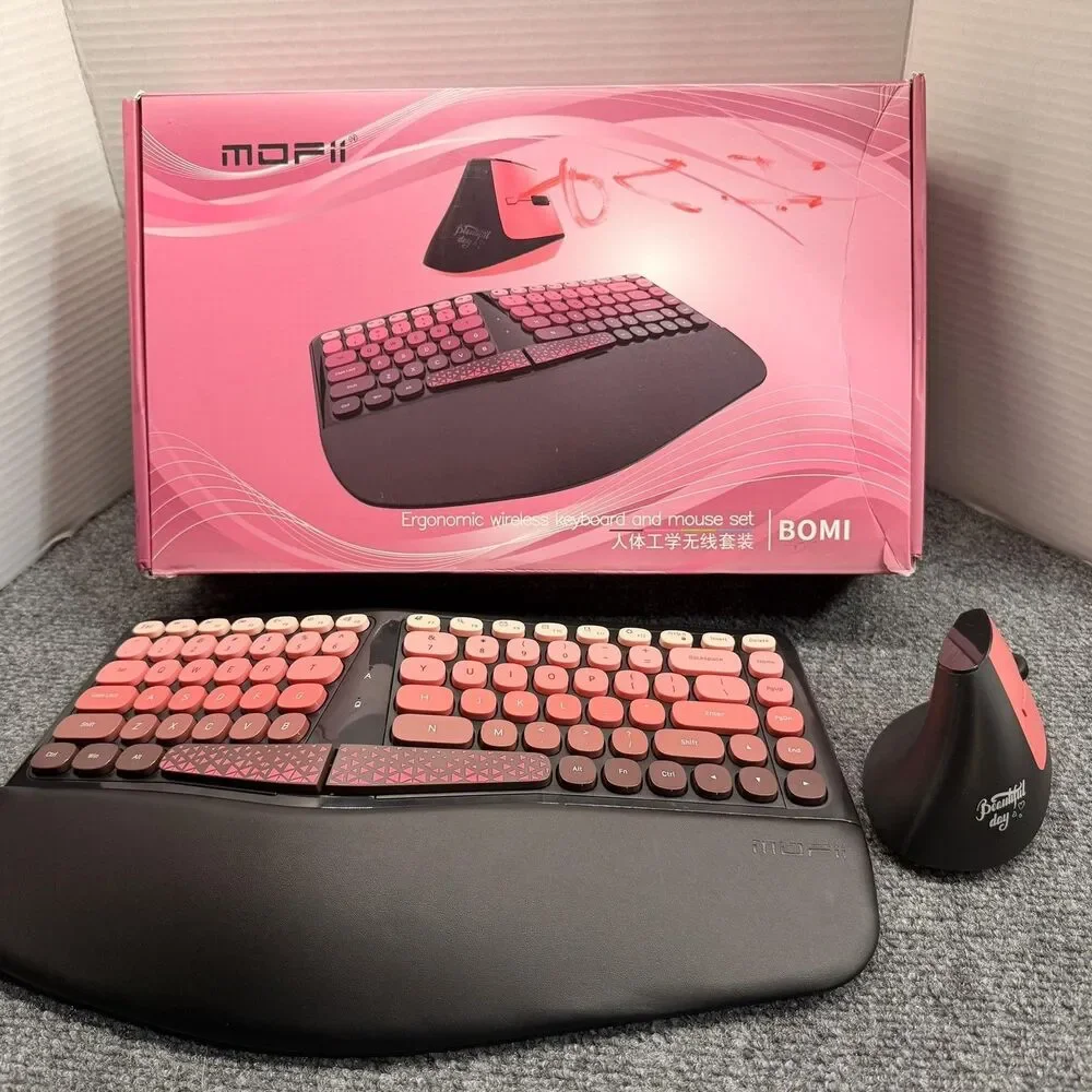 MOFii BOMI Wireless Ergonomic Keyboard Mouse Combo Pink Black Open Box PC